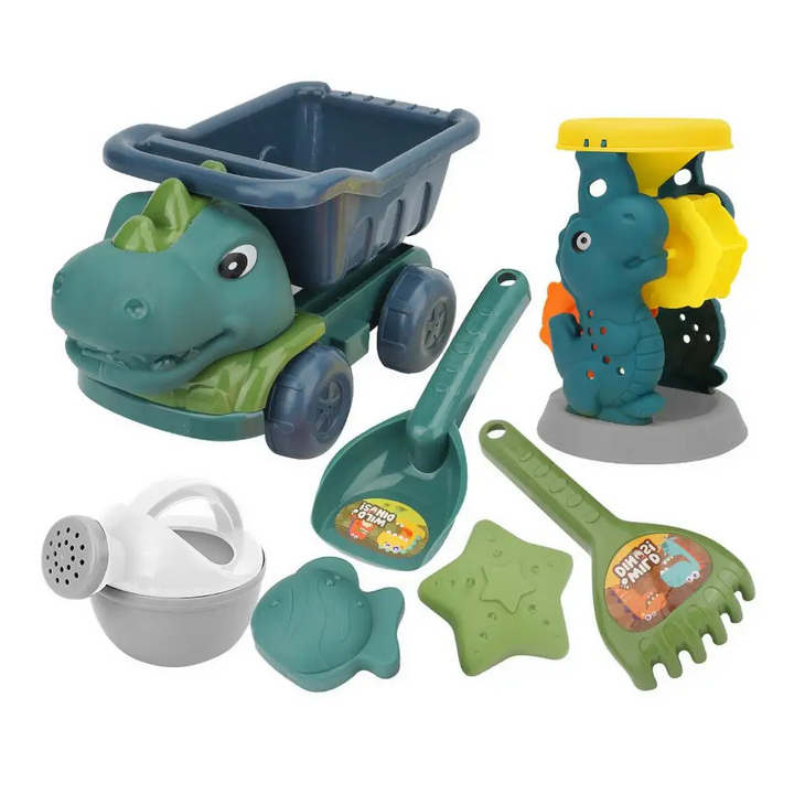 Seven-piece dinosaur sand set with dump truck, tools, two molds, watering can, and water wheel