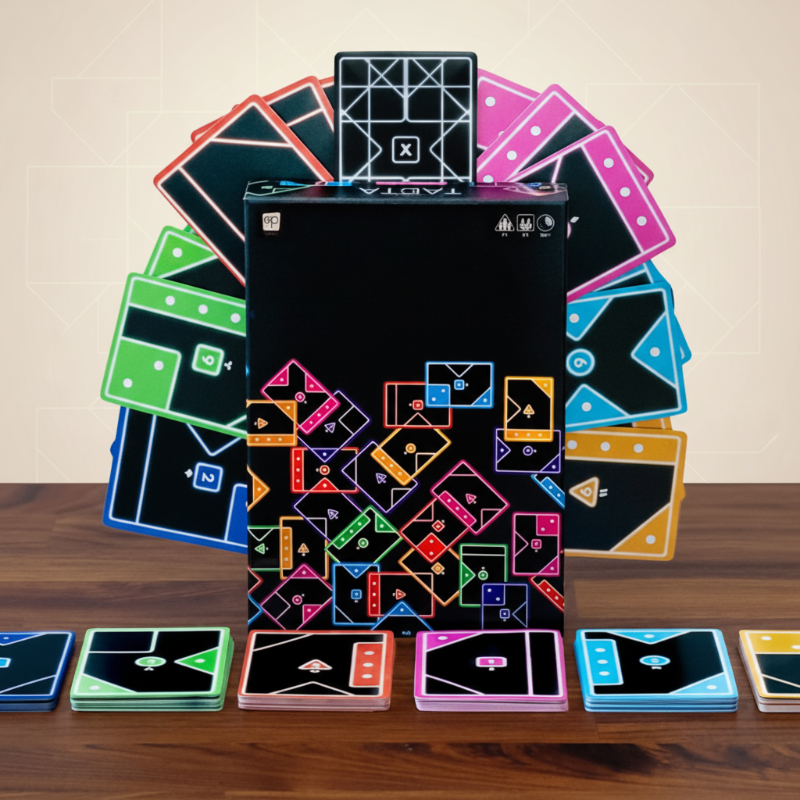 Game box surrounded by fanned colored cards and an X starting card