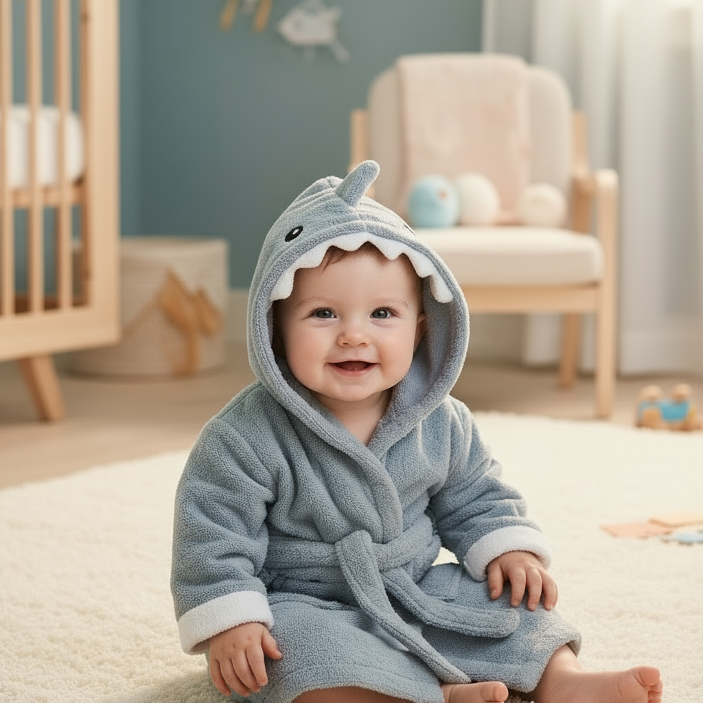 Baby wearing a shark hooded bathrobe with a fin, white tooth trim, and a tied belt