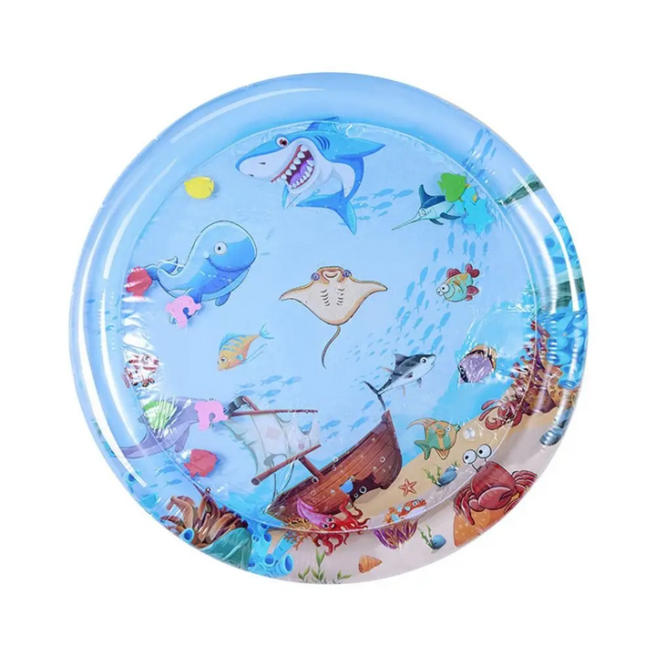 Round shark water mat with sea animals and a shipwreck scene
