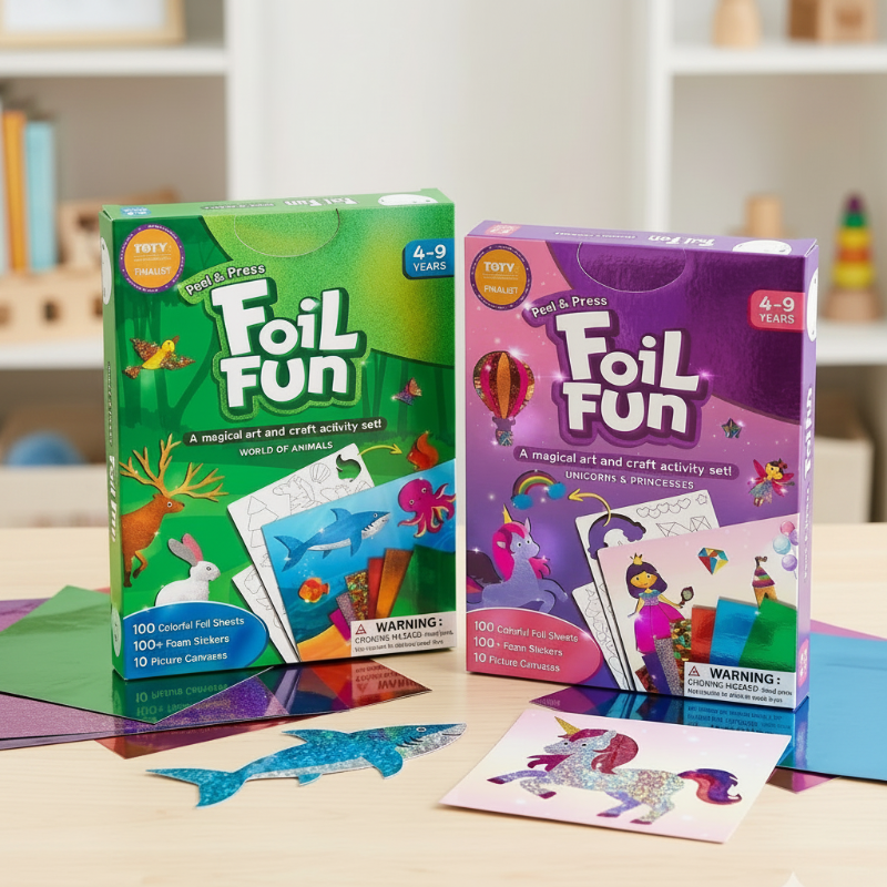 Animals and Unicorns & Princesses foil art kits with colorful sheets and finished sticker pictures