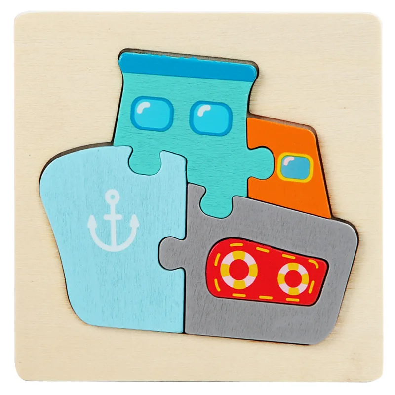 Ship wooden jigsaw puzzle with a blue cabin, orange window, anchor, and red life ring