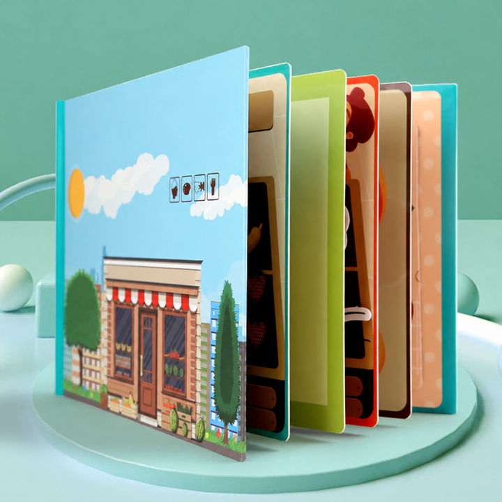 Vegetable-themed learning book with a shopfront cover and colorful pages