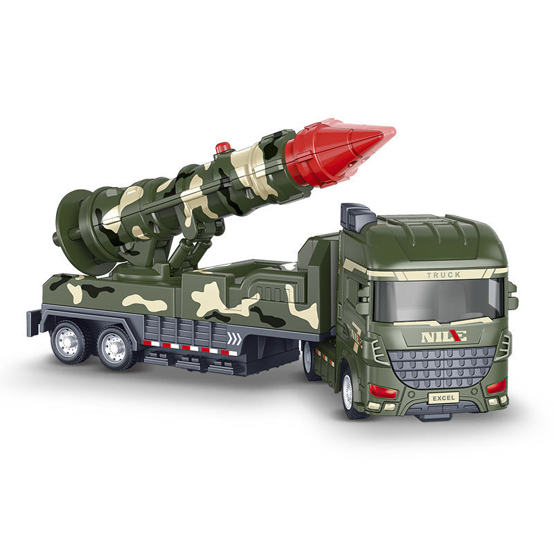 Green short-range rocket toy truck with a raised camouflage launcher and red rocket tip.