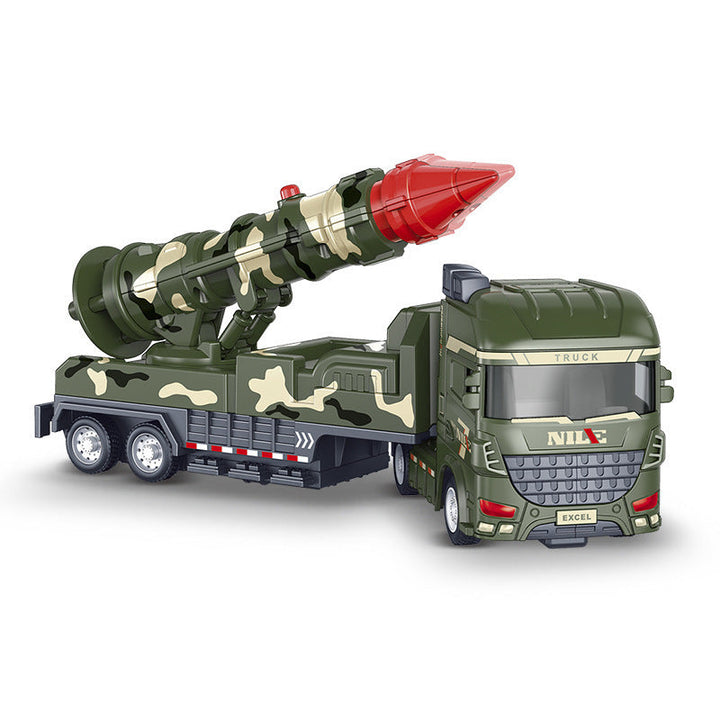 Green short-range rocket toy truck with a raised camouflage launcher and red rocket tip.