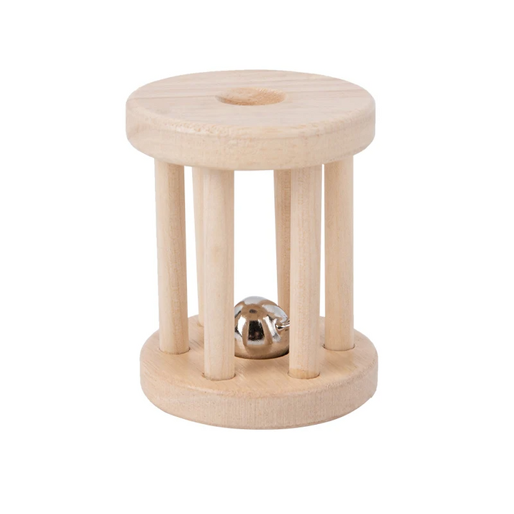 Short wooden cage rattle with a silver-colored bell inside