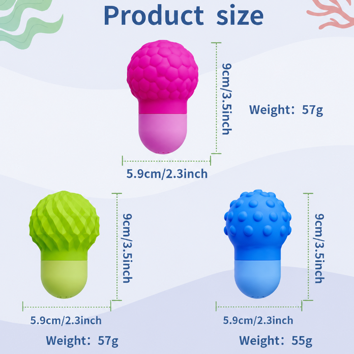 Size chart showing each bath squirter at 9 cm tall and 5.9 cm wide