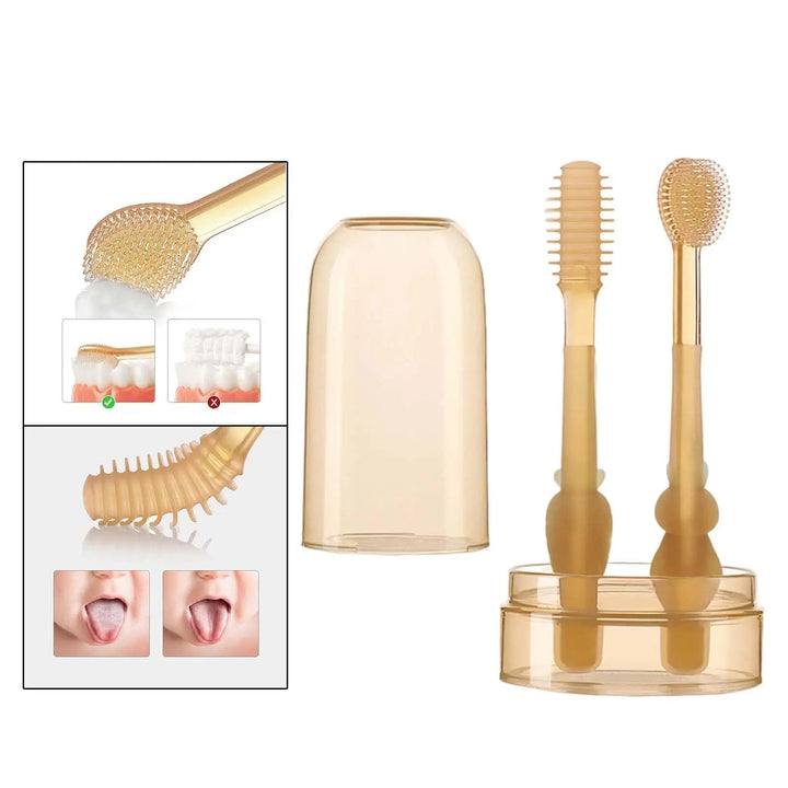 Storage cup, separate lid and two silicone baby toothbrushes with enlarged brush-head details