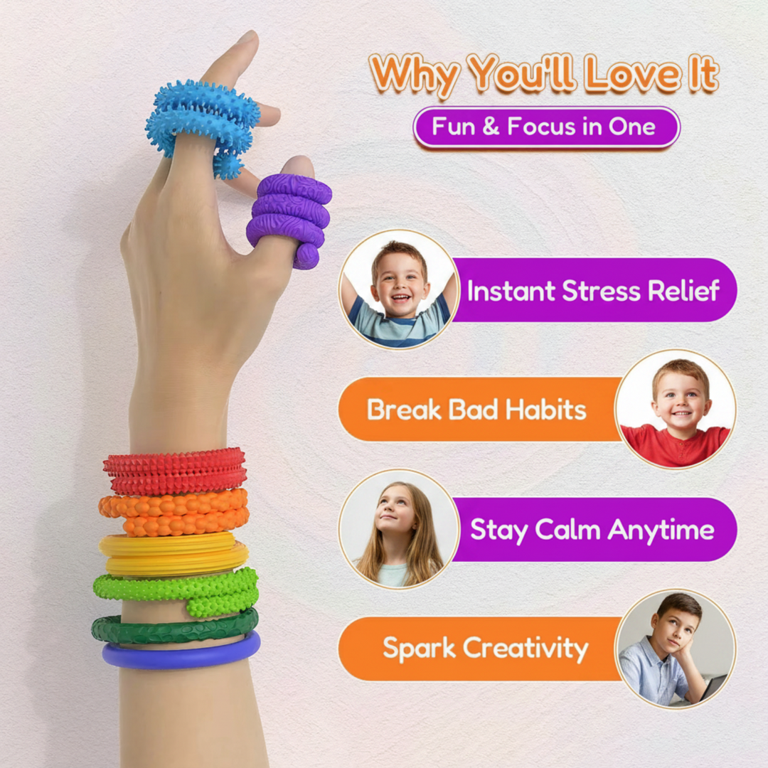 Colorful silicone fidget sticks coiled around fingers and stacked around a wrist.