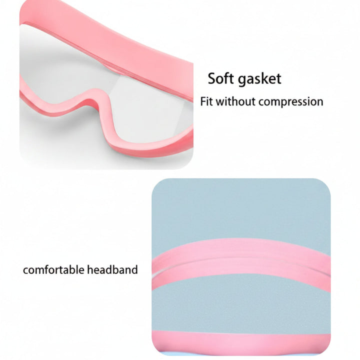 Close-ups of a pink goggle seal and silicone head strap