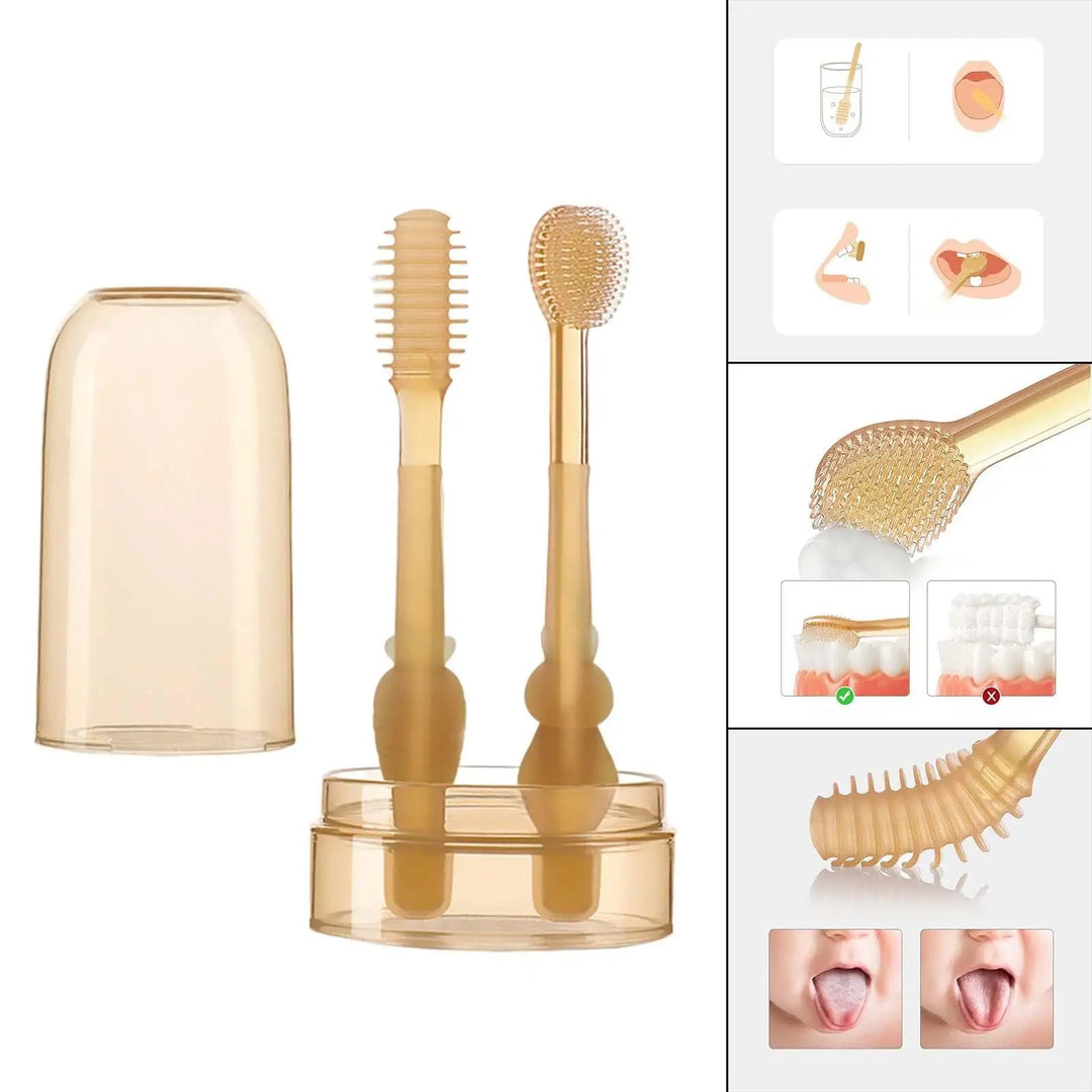 Silicone baby toothbrushes and storage cover beside brush-head details and oral-care diagrams