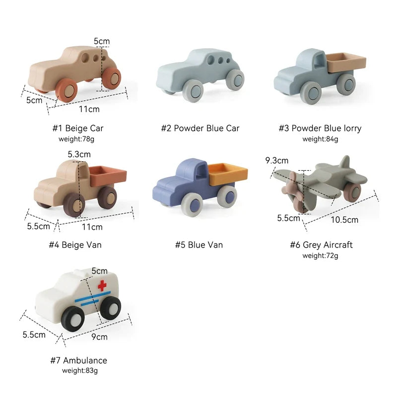 Silicone vehicle toy size chart showing car, truck, airplane and ambulance measurements