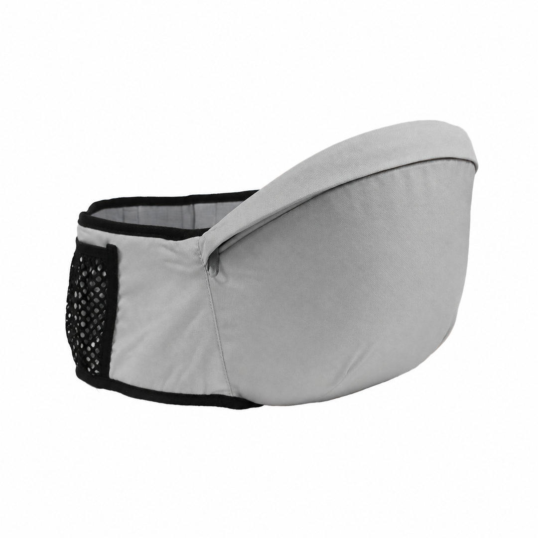 Silver gray hip carry seat with a black mesh side pocket