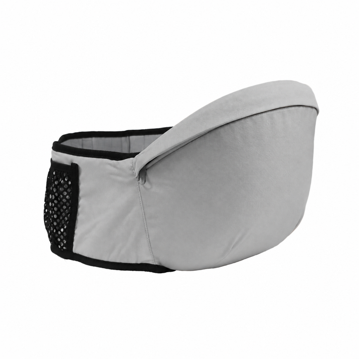 Silver gray hip carry seat with a black mesh side pocket
