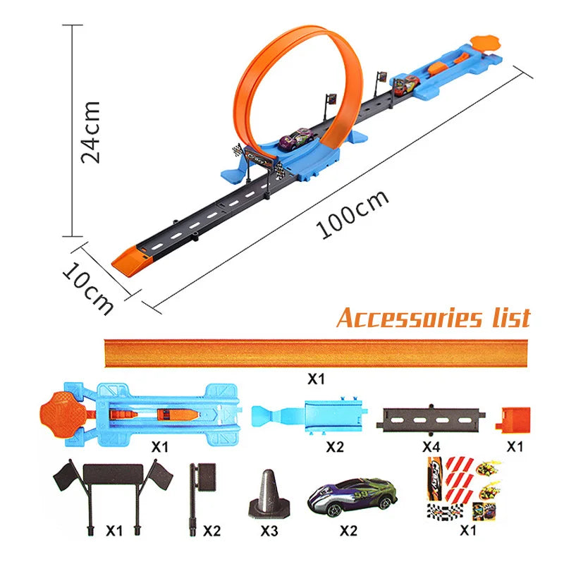 Orange single-loop track measuring 100 x 10 x 24 cm with an illustrated parts list.