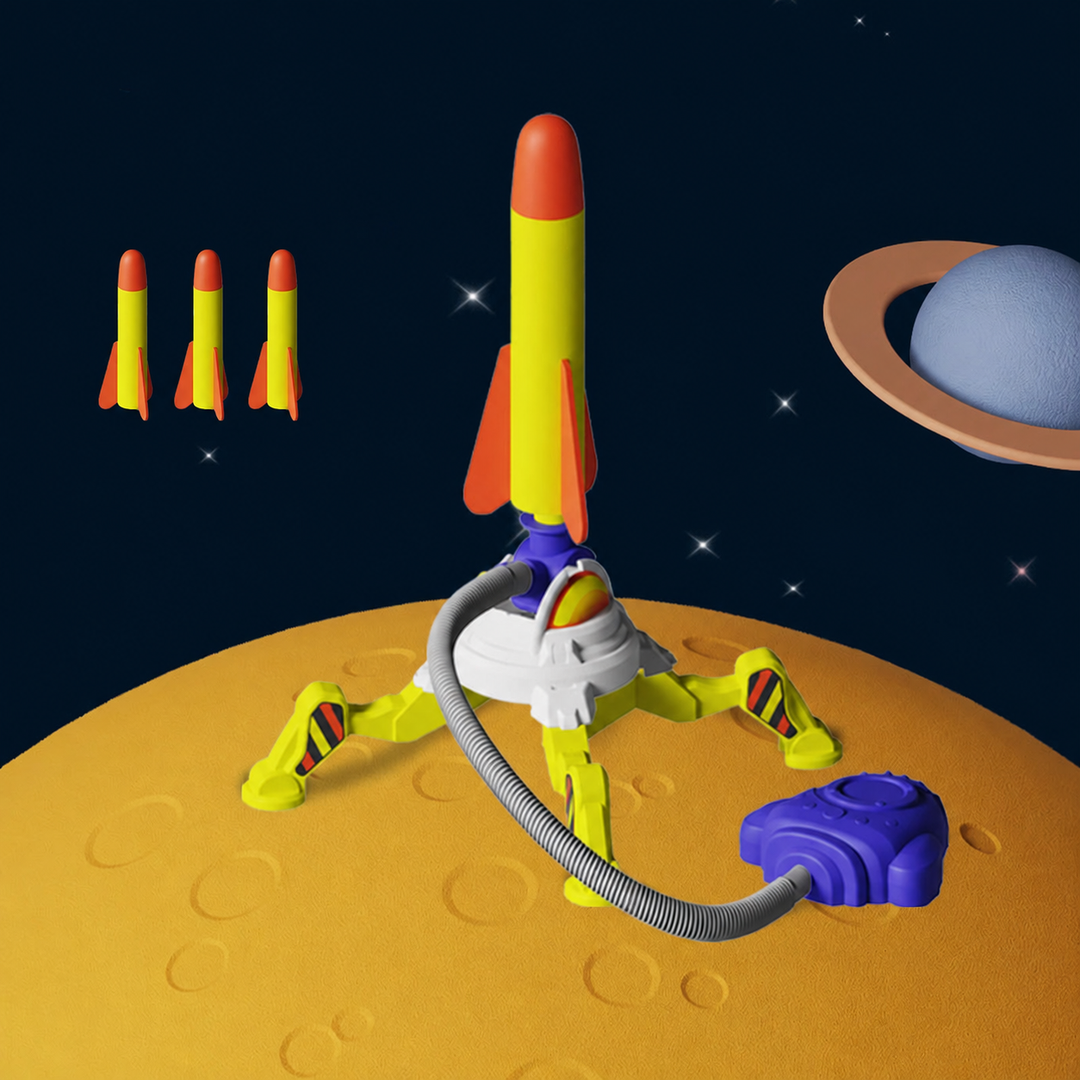 Single rocket launcher with a gray air hose, purple stomp pedal, and three standard rockets illustrated.