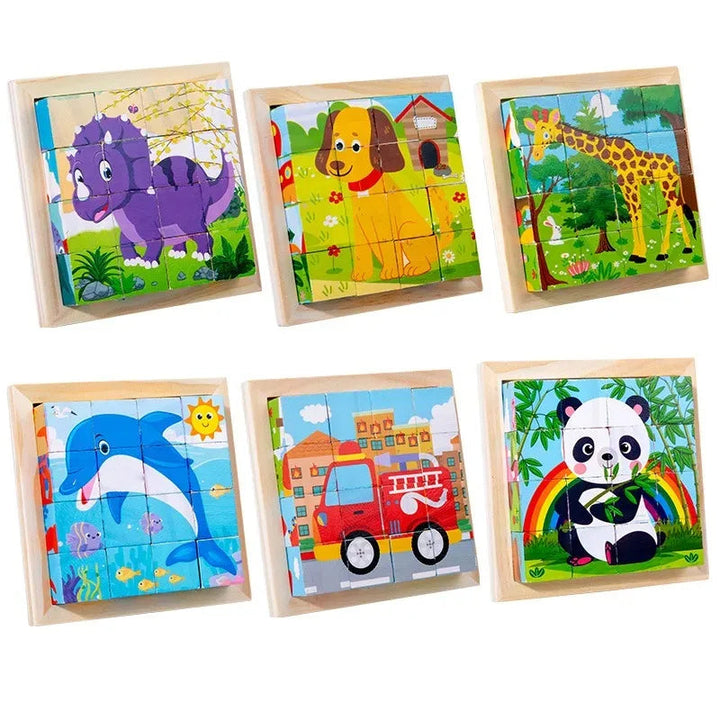 Six wooden block puzzles displaying dinosaur, dog, giraffe, dolphin, fire engine, and panda pictures.
