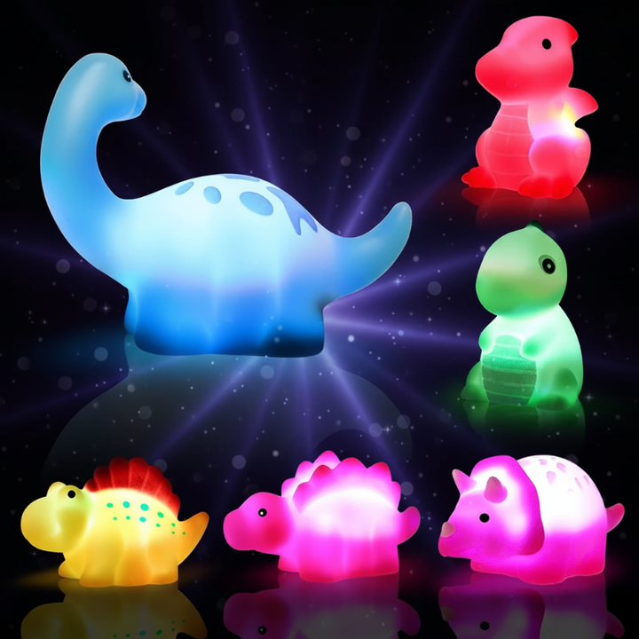 Light-up dinosaur figures in six shapes shown against a dark background