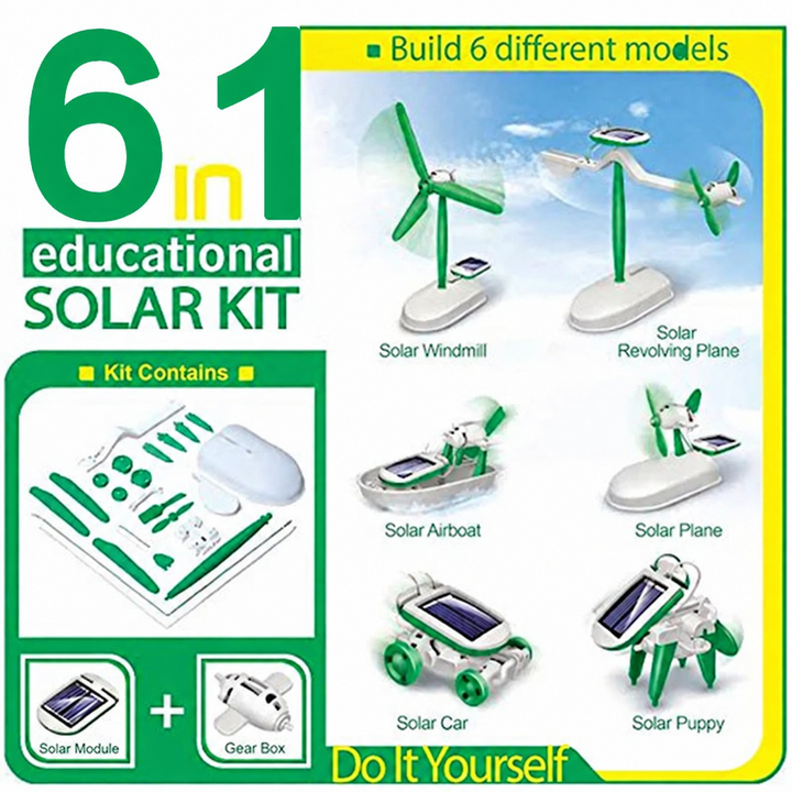 Six-model solar kit diagram showing model options, component frames, a solar module, and a gearbox