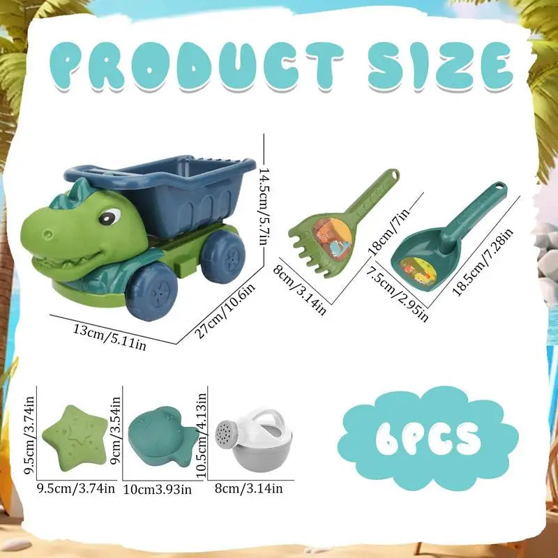 Size chart showing the six-piece dinosaur sand set with truck and tool measurements