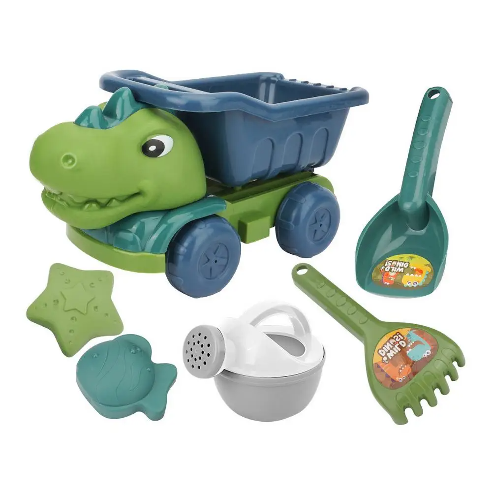 Six-piece set with dinosaur dump truck, shovel, rake, watering can, star mold, and turtle mold