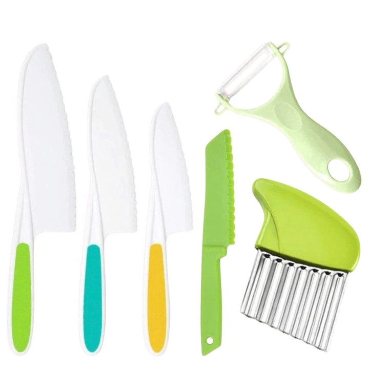 6-piece kitchen cutting set with three white knives, a green knife, Y-peeler, and crinkle cutter