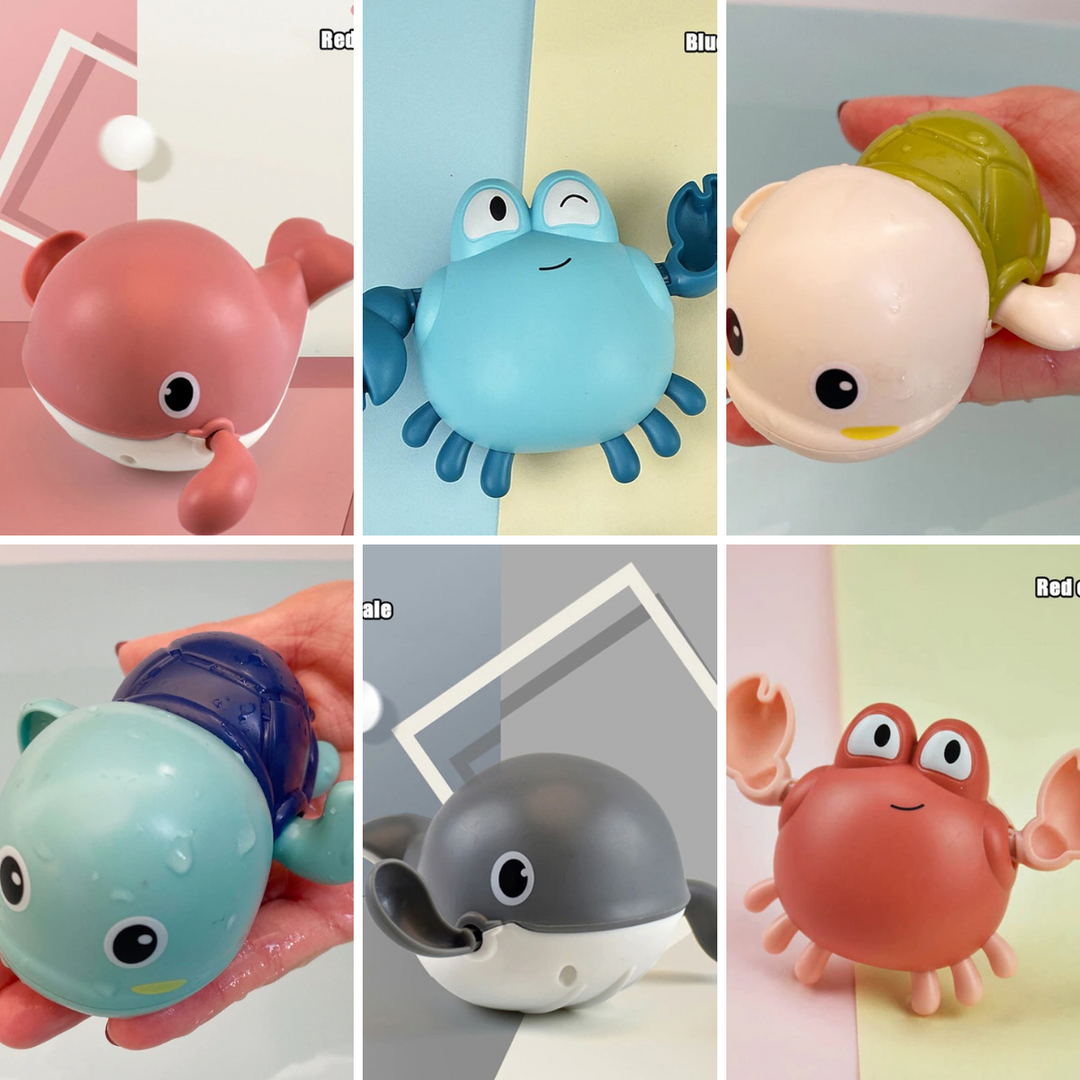 Six-piece bath toy set showing colorful crabs, turtles, and whales