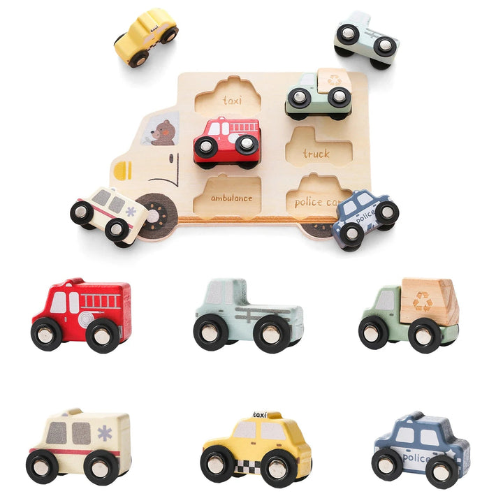 Wooden Cars puzzle with six vehicle designs shown in and around a truck-shaped board