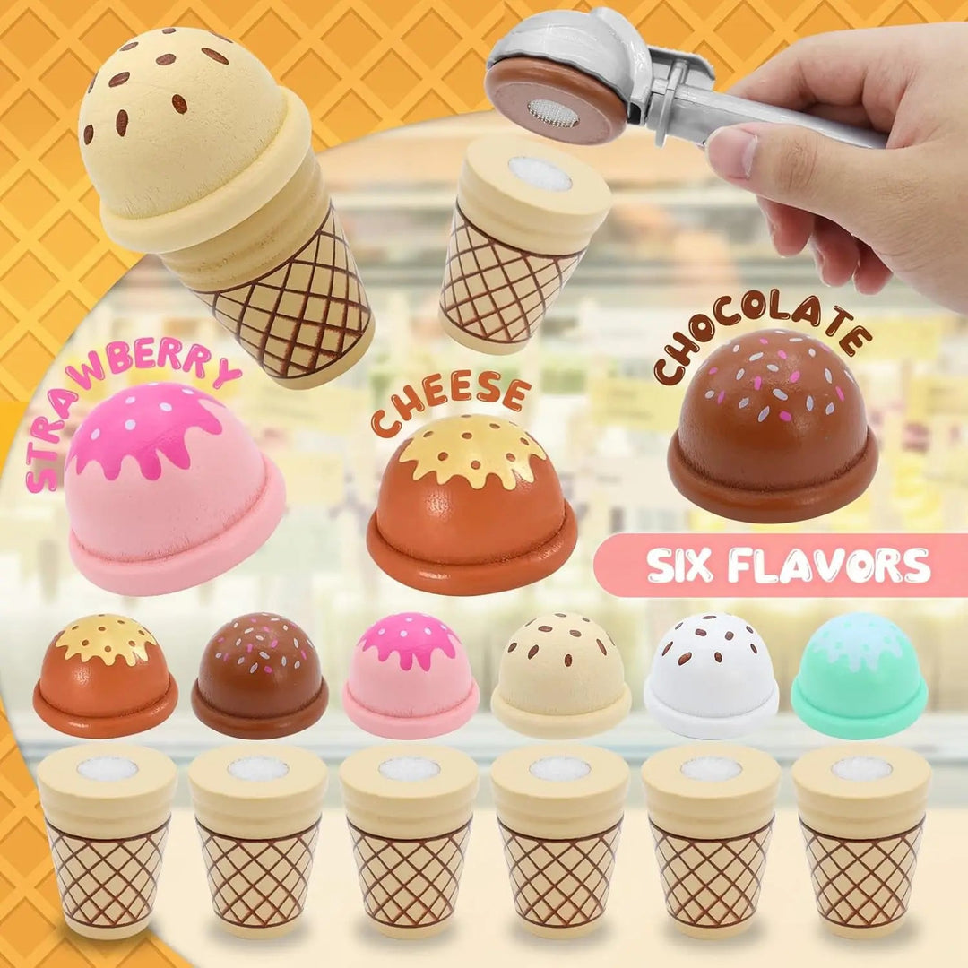 Toy ice cream toppers and cones with a hand lifting a topper using the scoop