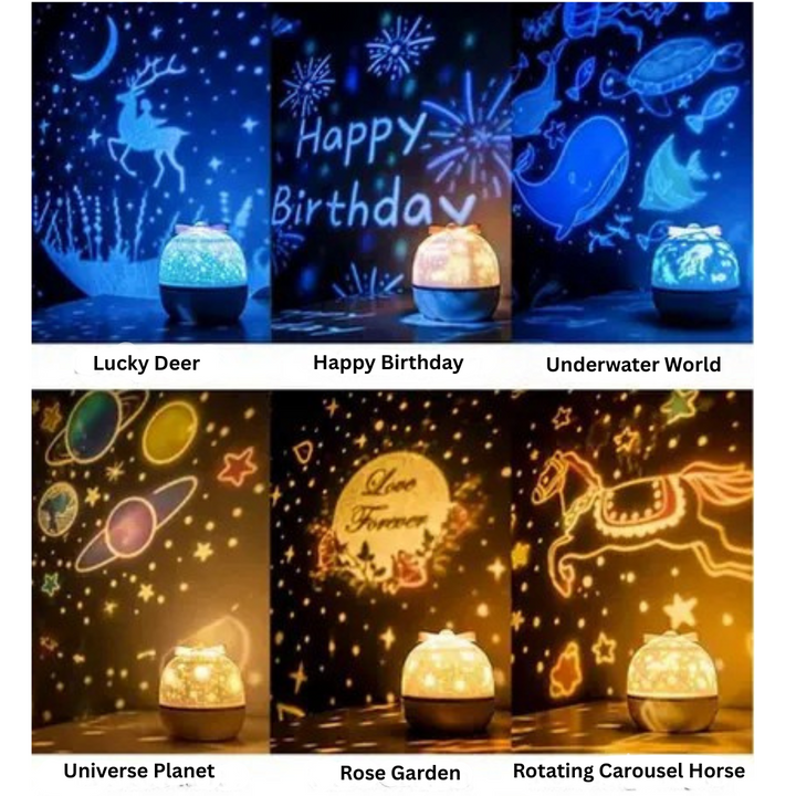 Six projection scenes featuring deer, birthday designs, sea life, planets, flowers, and carousel horses