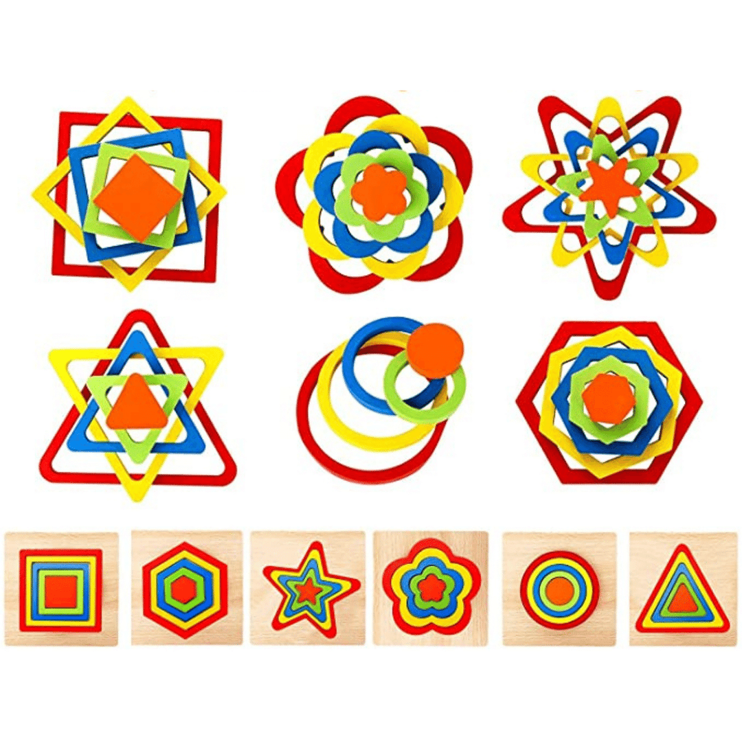 Six wooden shape puzzles with nested pieces and colorful stacked arrangements