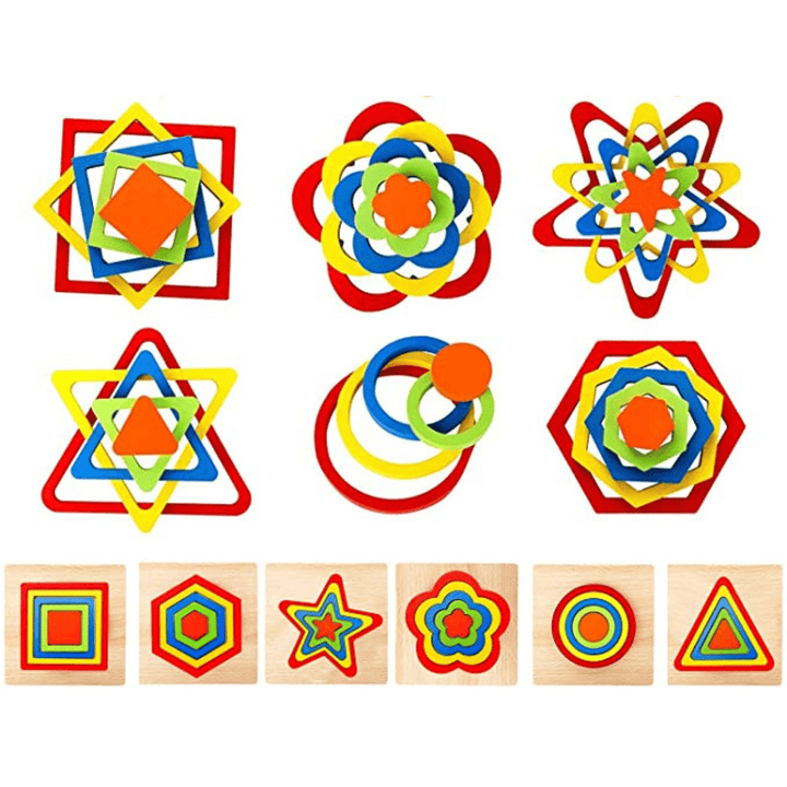Six wooden shape puzzles with nested pieces and colorful stacked arrangements