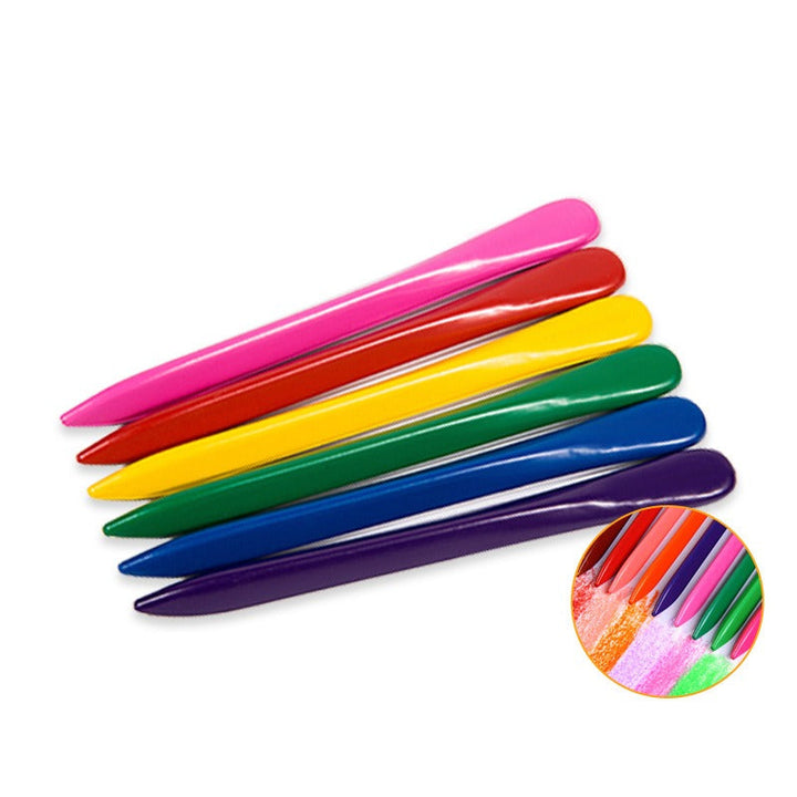 Six crayons stacked diagonally with a close-up of their color strokes