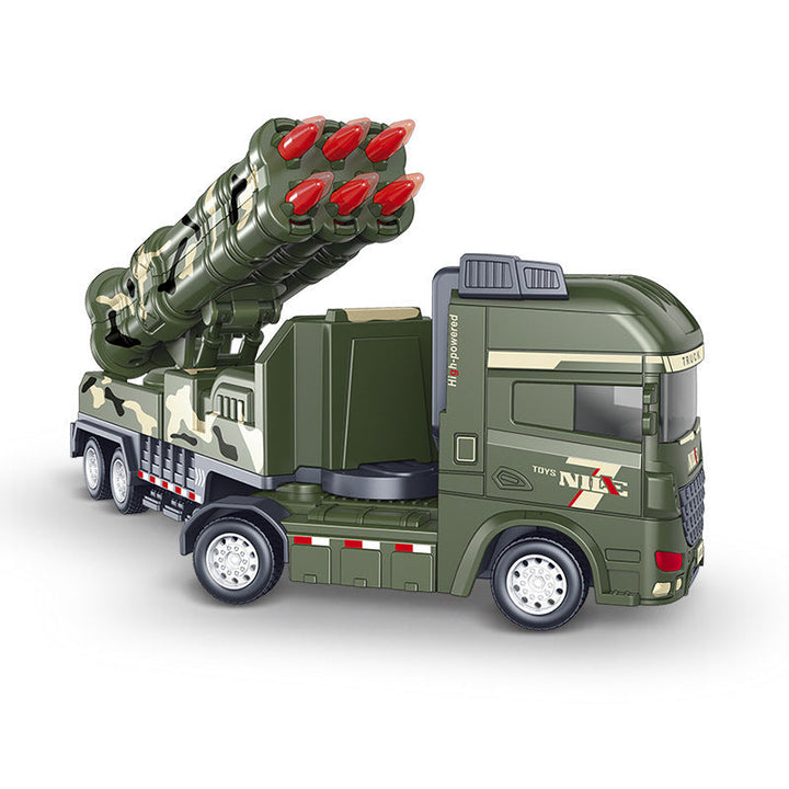 Green military toy vehicle with a raised six-tube rocket launcher and red rocket tips.