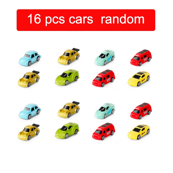 Assortment of 16 small toy cars in a mix of colors.