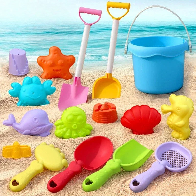 16-piece beach toy set with a blue bucket, long-handled shovels, colorful hand tools, and sand molds