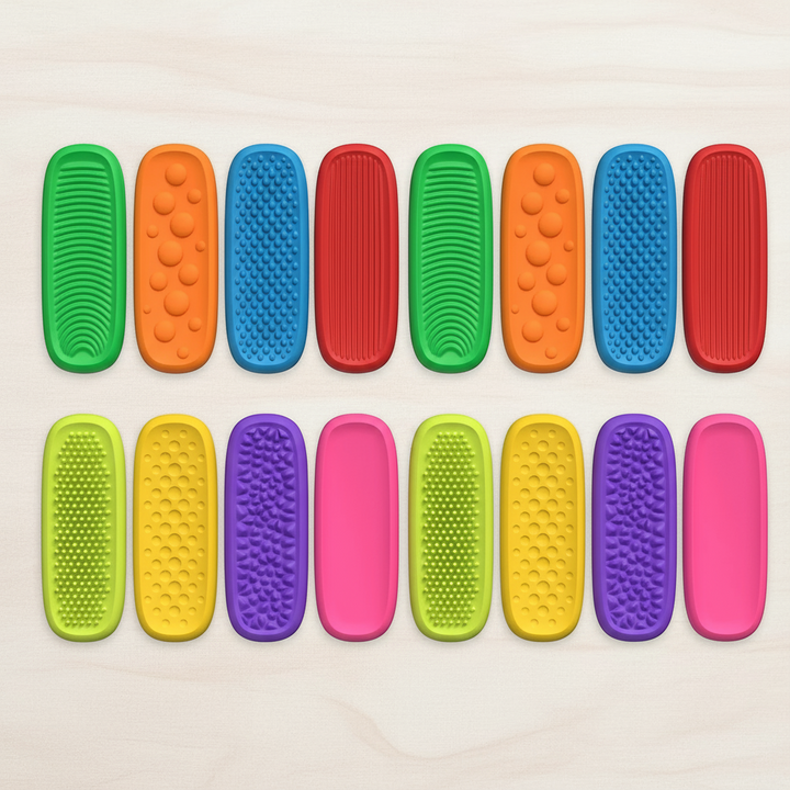 Sixteen-piece sensory strip set arranged in two rows, with two of each color and texture.