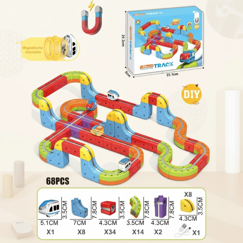 68-piece train building set with connected loops, raised sections, and a parts guide