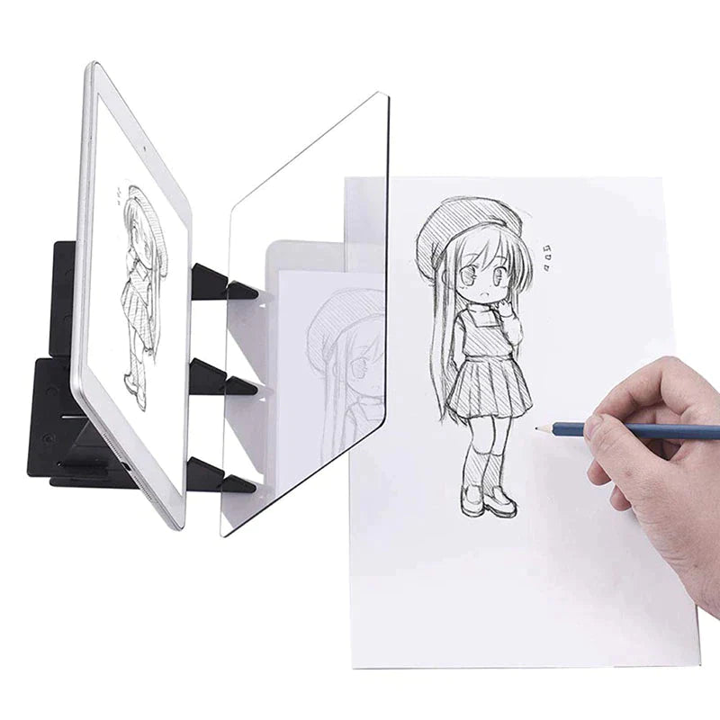 Tablet and clear drawing panel used to trace a cartoon girl onto paper