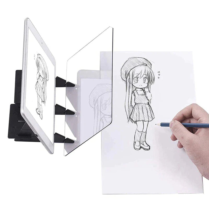 Tablet and clear drawing panel used to trace a cartoon girl onto paper