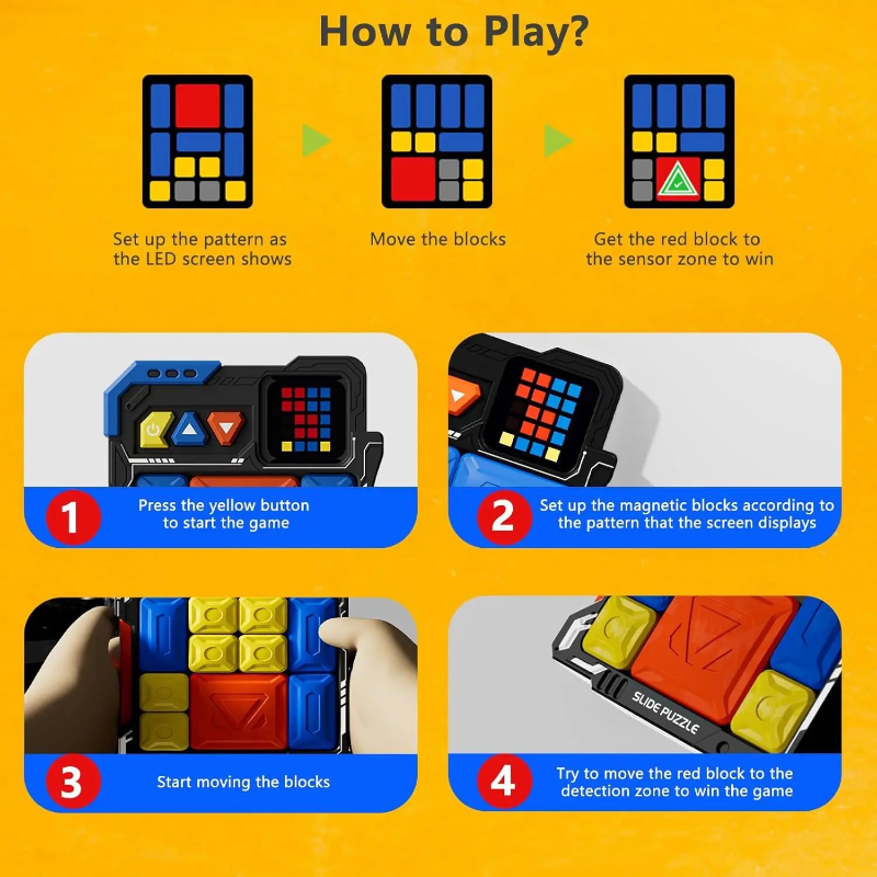Illustrated instructions for arranging the blocks and sliding the red block to the goal