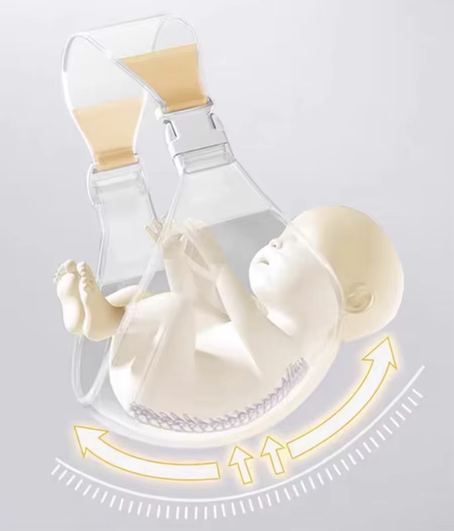 Sling carrier illustration showing a child in the fabric seat and curved arrows beneath it