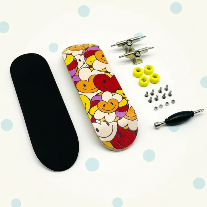 Smiley collage fingerboard deck with a black grip pad, yellow wheels, trucks, hardware, and a tool.