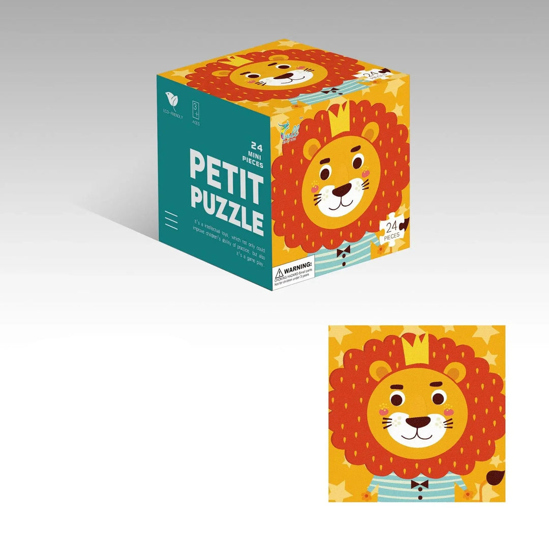 Smiling lion jigsaw puzzle with a yellow background and a matching cube box