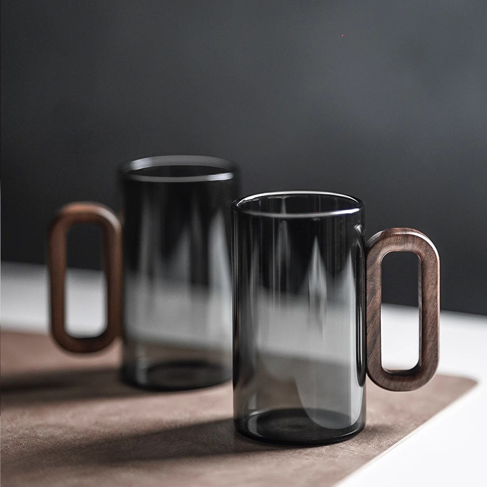 Smoked Gradient Glass Mug with Wooden Handle – Stylish and Heat-Resistant Coffee and Tea Mug 0