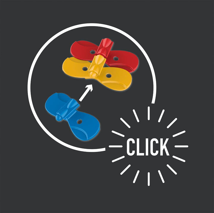 Illustrated connection between blue, yellow, and red snap-together track pieces