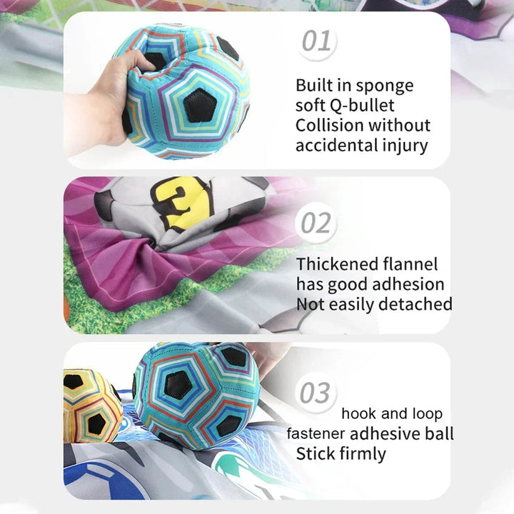Close-ups showing the soft soccer ball, flannel target fabric and hook-and-loop grip