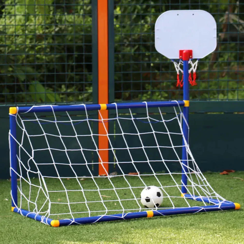 Rear view of the soccer goal and basketball hoop with a white backboard and soccer ball in the net