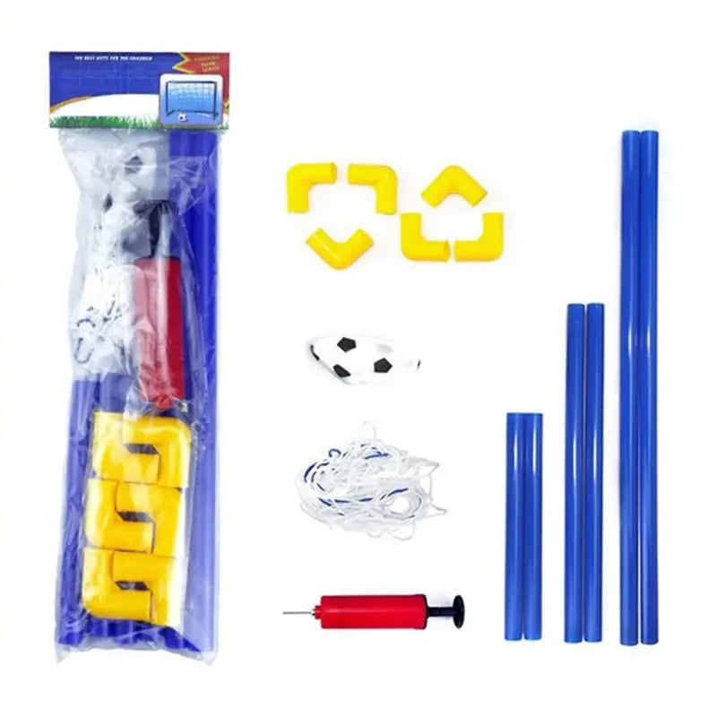 Packaged soccer goal set beside its frame tubes, connectors, net, ball, and red hand pump.