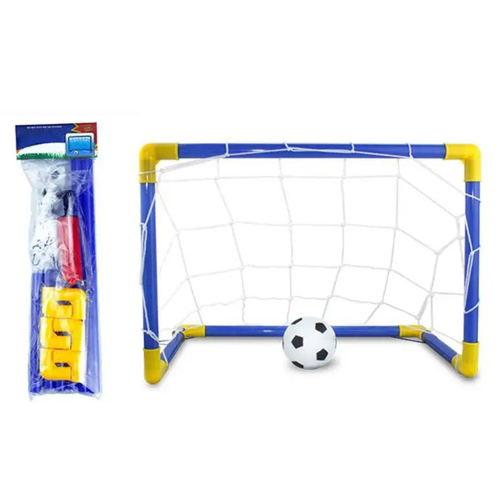 Blue and yellow soccer goal with net and soccer ball, shown beside the packaged set.